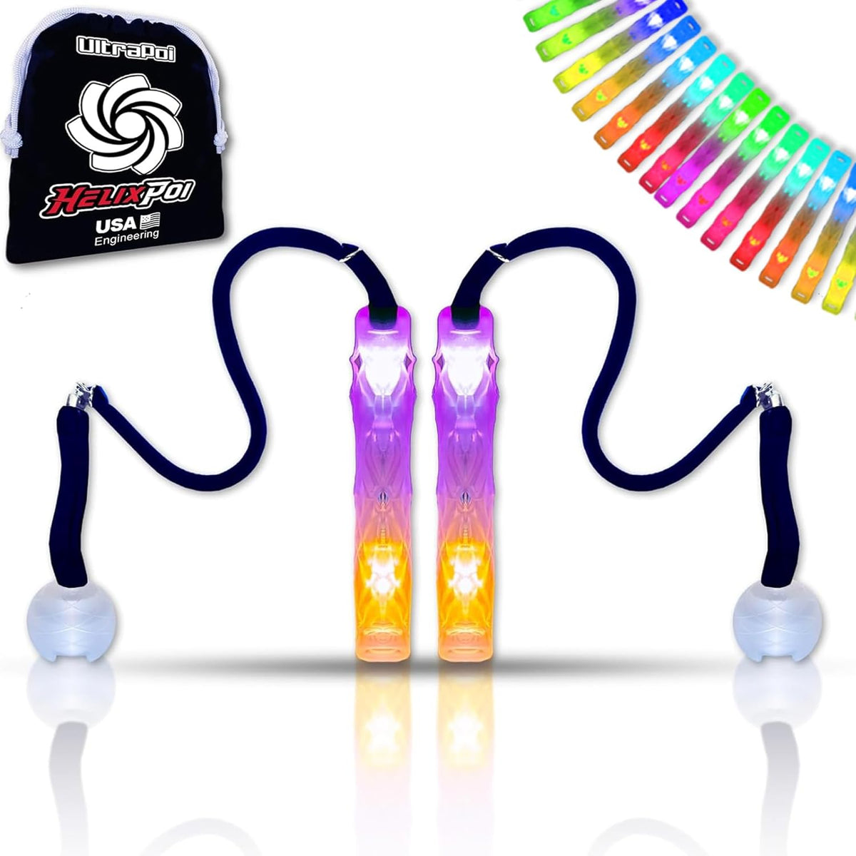 UltraPoi HelixPoi LED Glow Stick Set front view showcasing the fully assembled rainbow light handles and protective cases