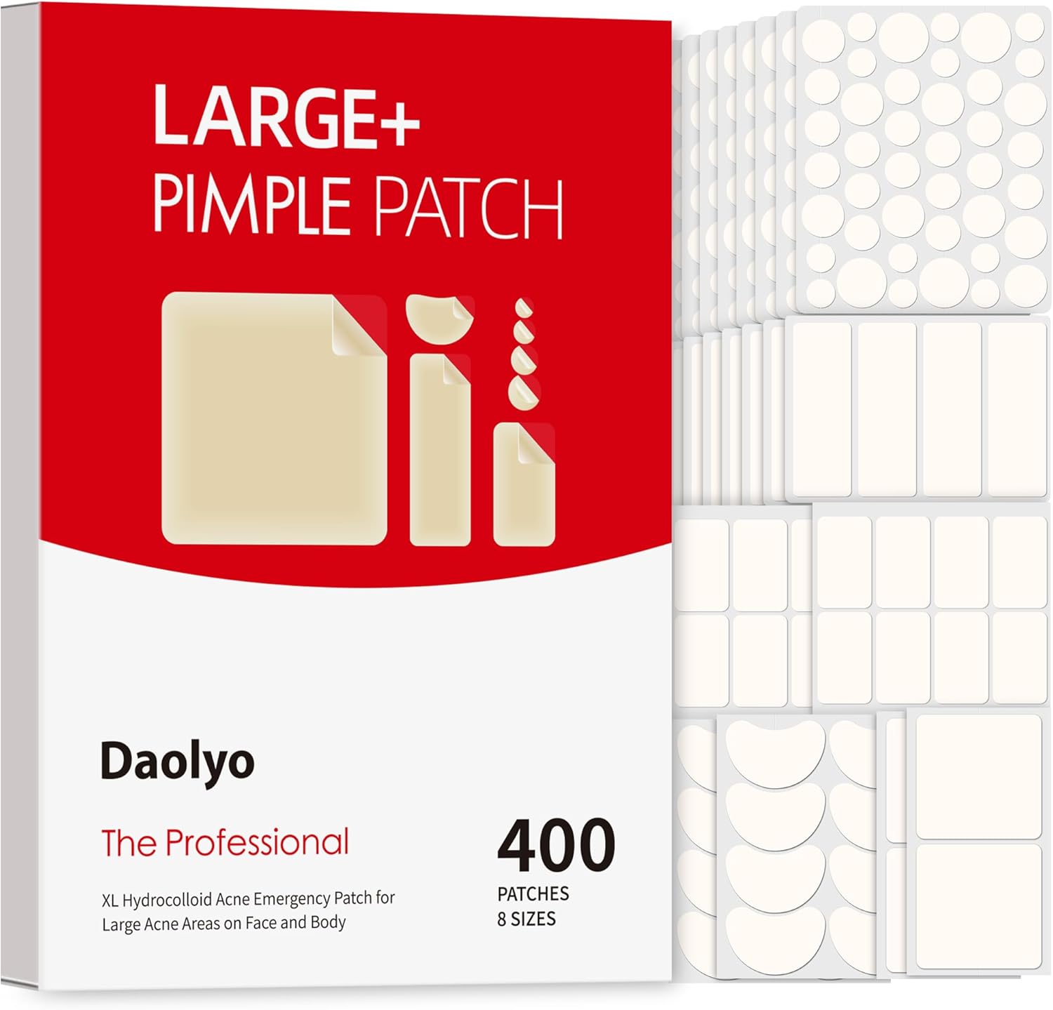 Daolyo Large Pimple Hydrocolloid Acne Bandages retail packaging front view showcasing multi-size spot stickers.