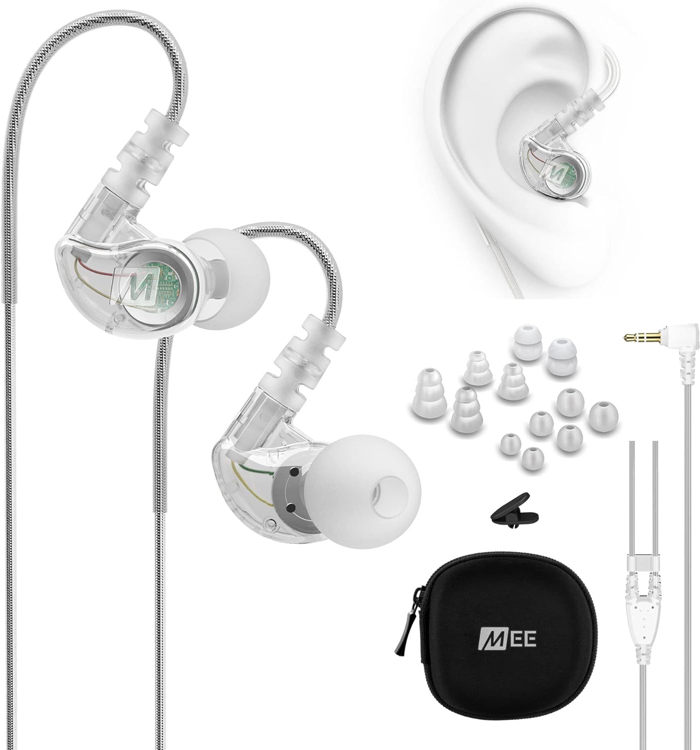 MEE audio M6 Sport wired earbuds front view in clear