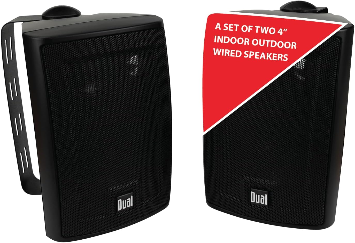 Dual Electronics LU43PB speakers front view with grille and logo