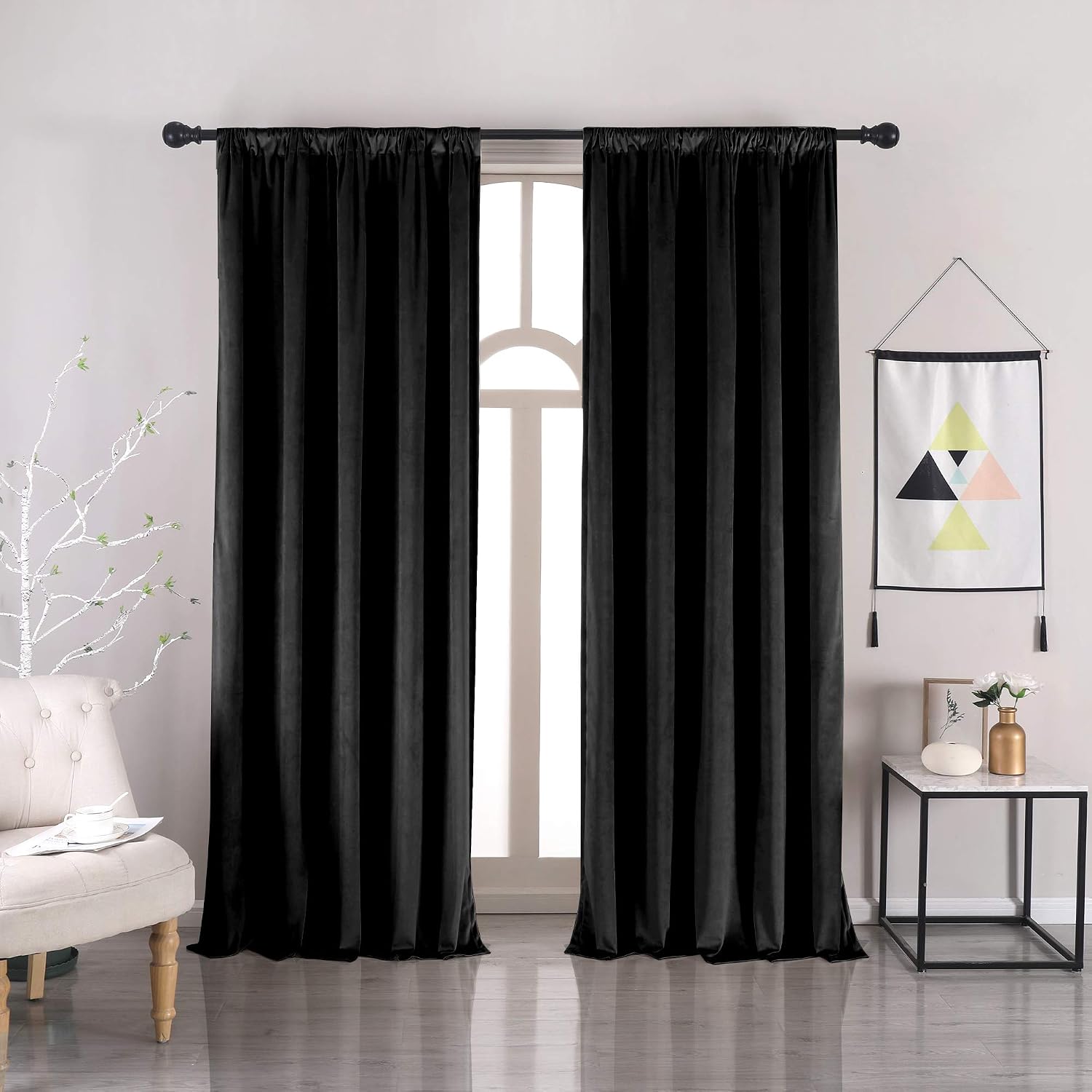 nanbowang black velvet curtains front view showing 54 inch length window treatment