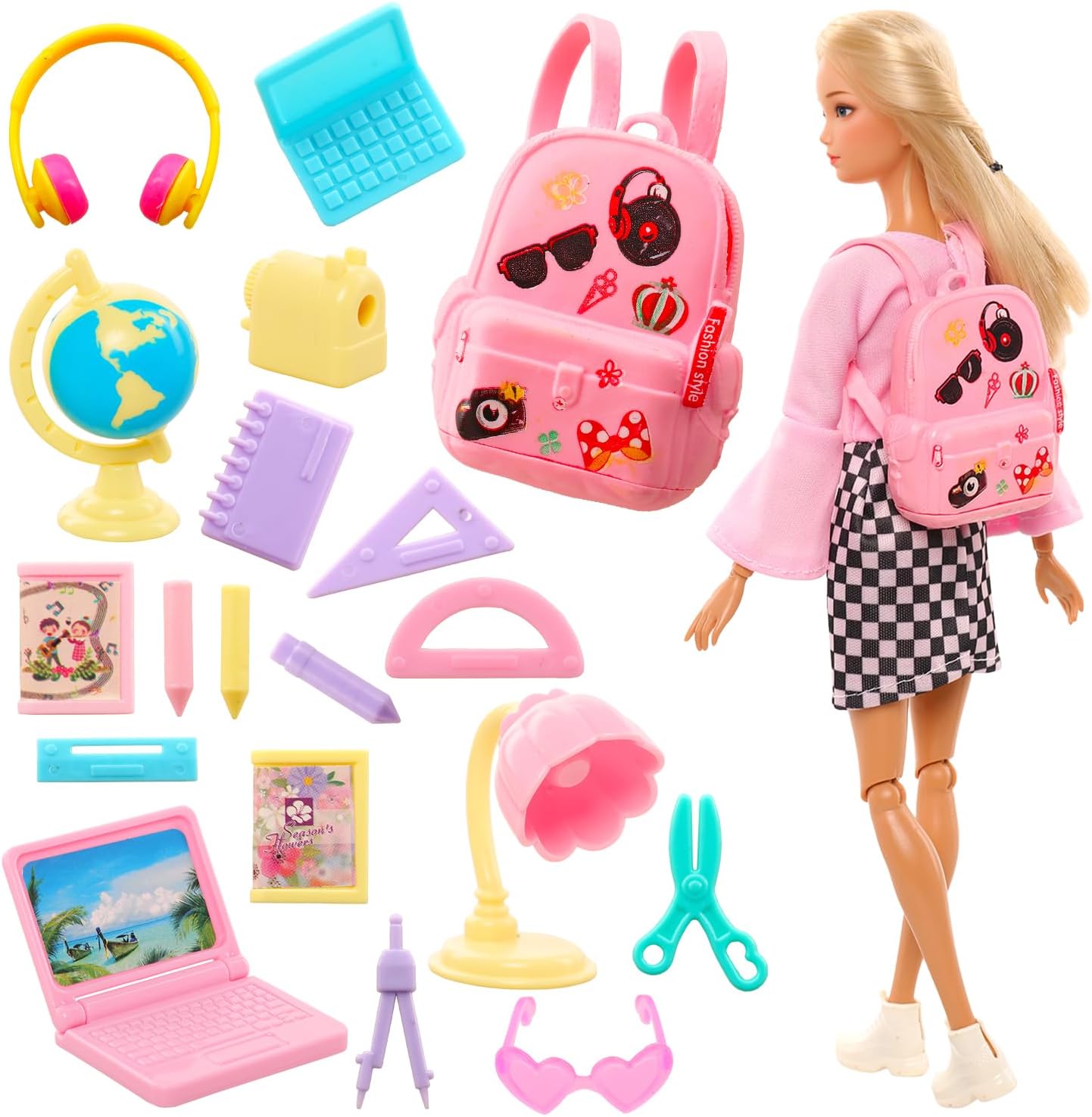 ENOCHT girl doll school accessories kit front view featuring miniature pink backpack and blue toy laptop