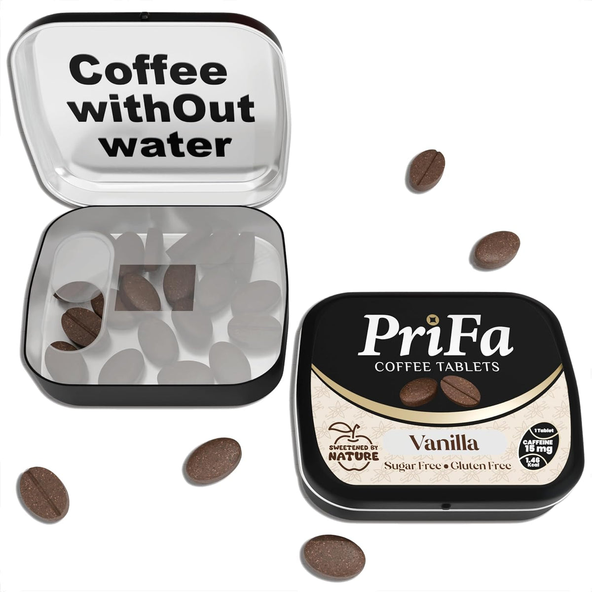 PriFa Vanilla Coffee Tablets front view of portable tin packaging.
