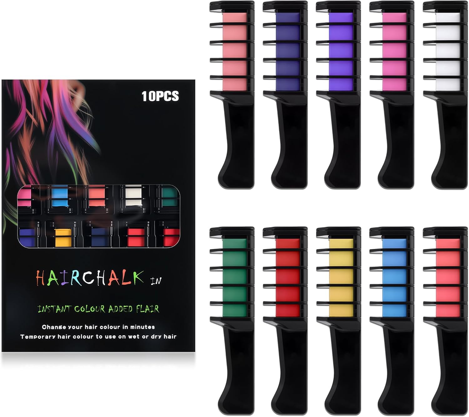 Festive Fun Hair Chalk CombsInstant Hair Color Comb,Washable & Temporary Hair Color Dye for All Ages, Hair DIY Perfect for Birthday Party Christmas Gifts New Year (10 Vibrant Colors) - Image 1