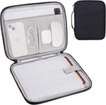 Cayeelu padded iPad carrying case front view in black showing sleek water repellent nylon exterior