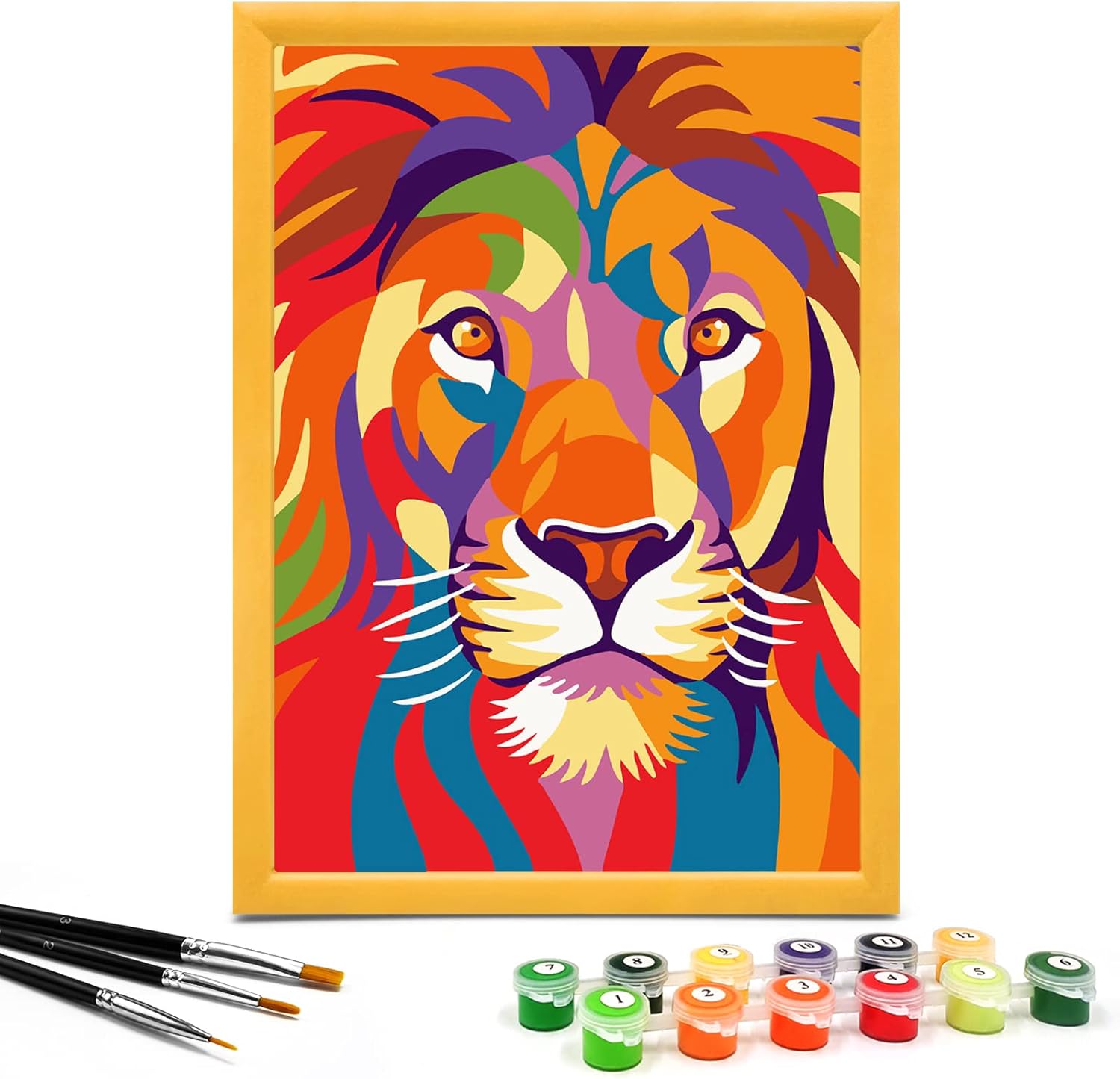 Nariolar paint by numbers kids proud lion front view packaging showing pre printed cardboard and paint pots