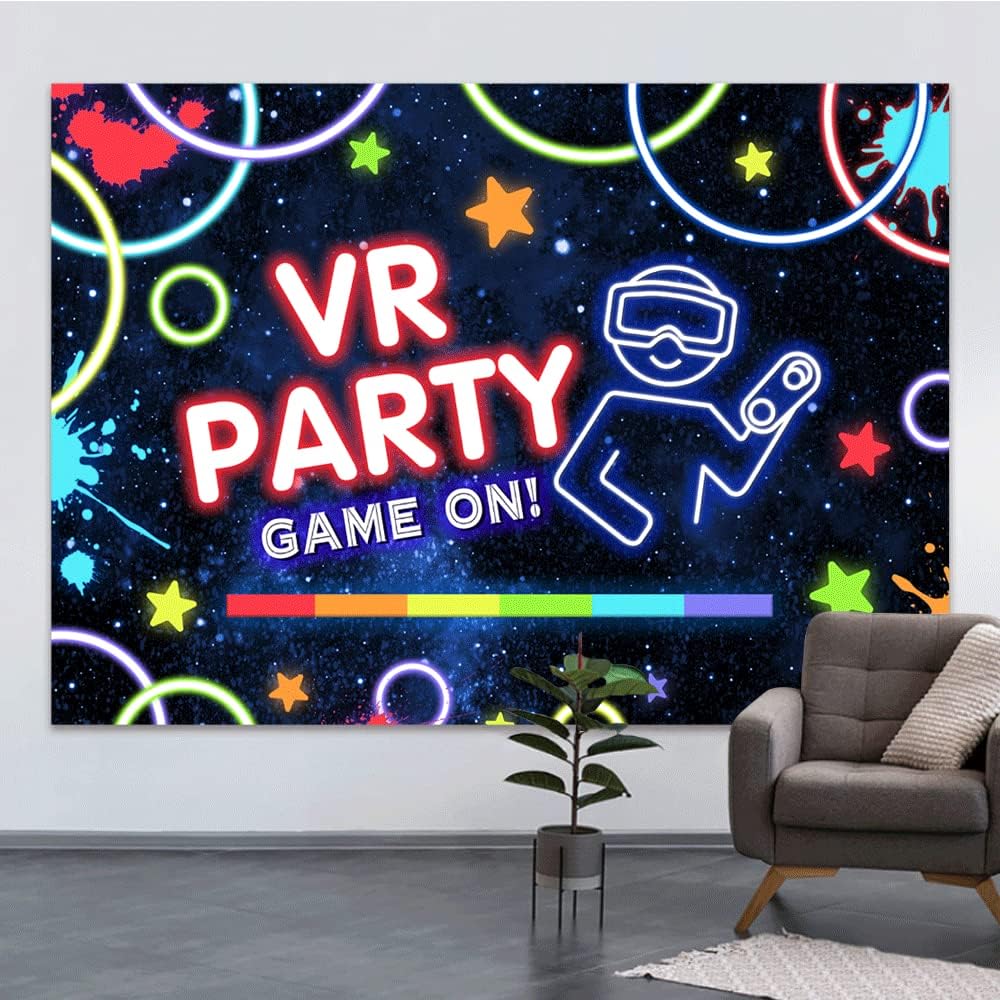 Lofaris Game On VR Party Backdrop front view showing neon controller graphics.