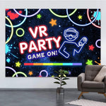 Lofaris Game On VR Party Backdrop front view showing neon controller graphics.