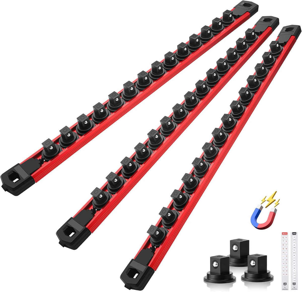 Reniteco Magnetic Socket Organizer Set, 3-Pack 1/2" Socket Rails | 36 Clips, Heavy-Duty Aluminum Alloy Rails, 360 degrees Swivel Removable ABS Clips, Magnetic Base, Toolbox Drawer or Wall Mount - Image 12