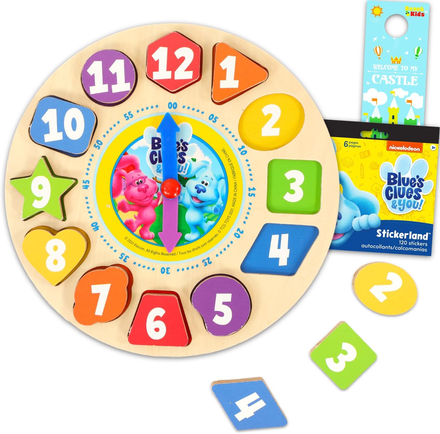 Nickelodeon Blue's Clues wooden shape sorting clock front view showing removable geometric blocks and adjustable hands.