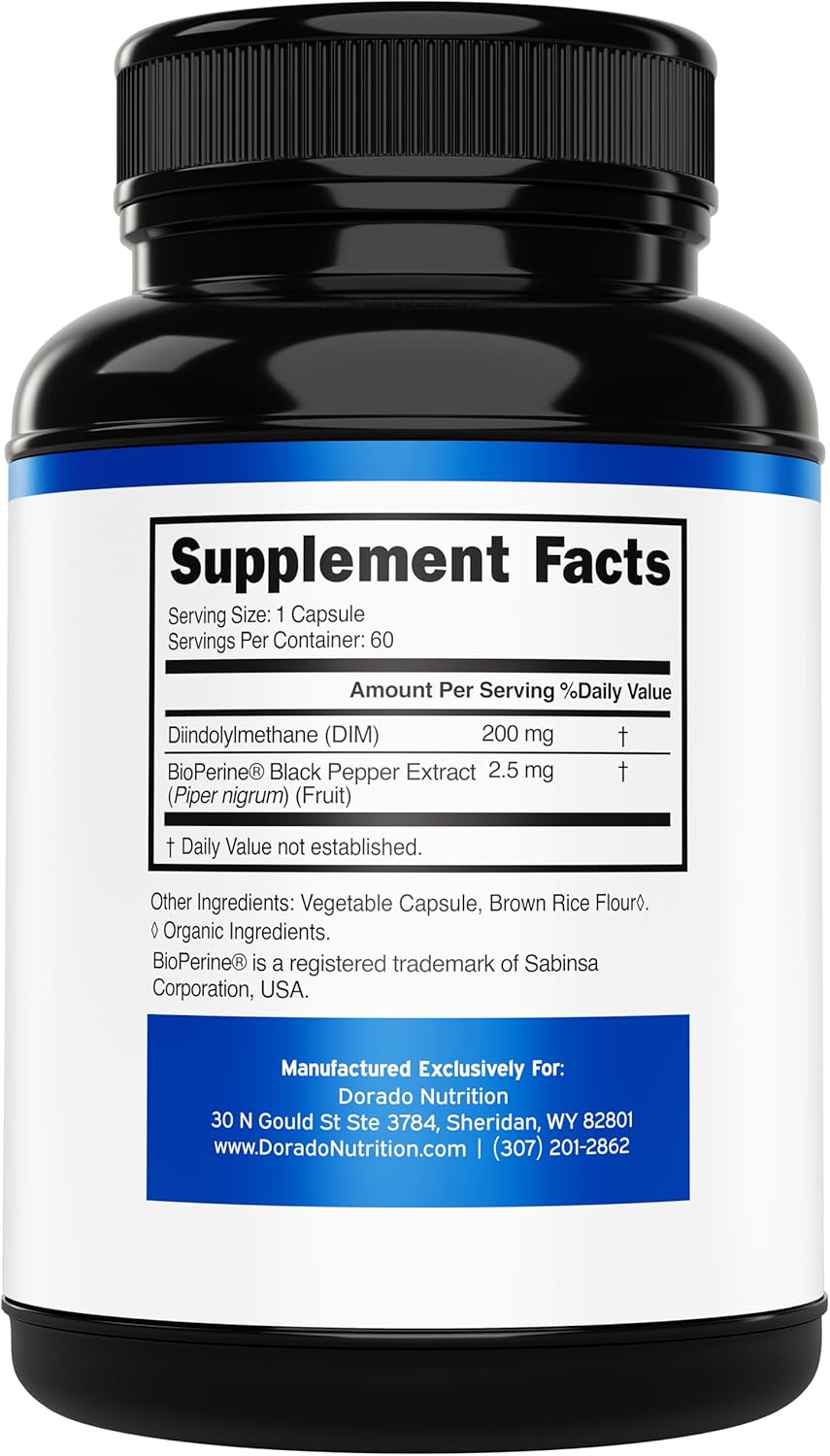 Dorado Nutrition DIM supplement 200mg label details
