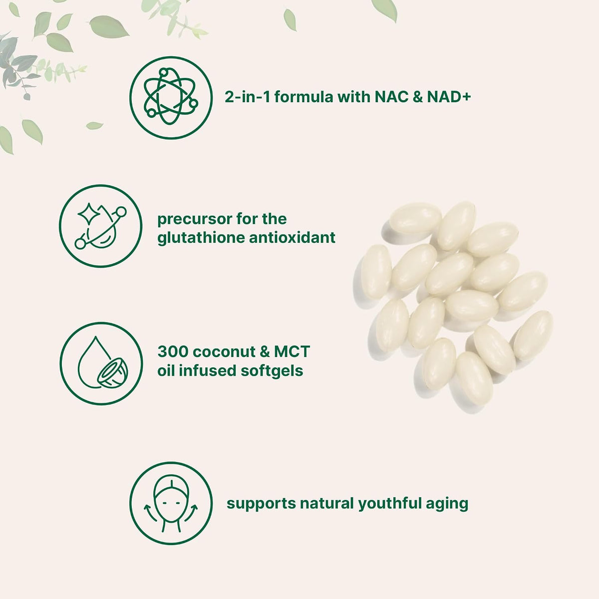 Micro Ingredients NAC with NAD plus coconut oil softgel capsules close up