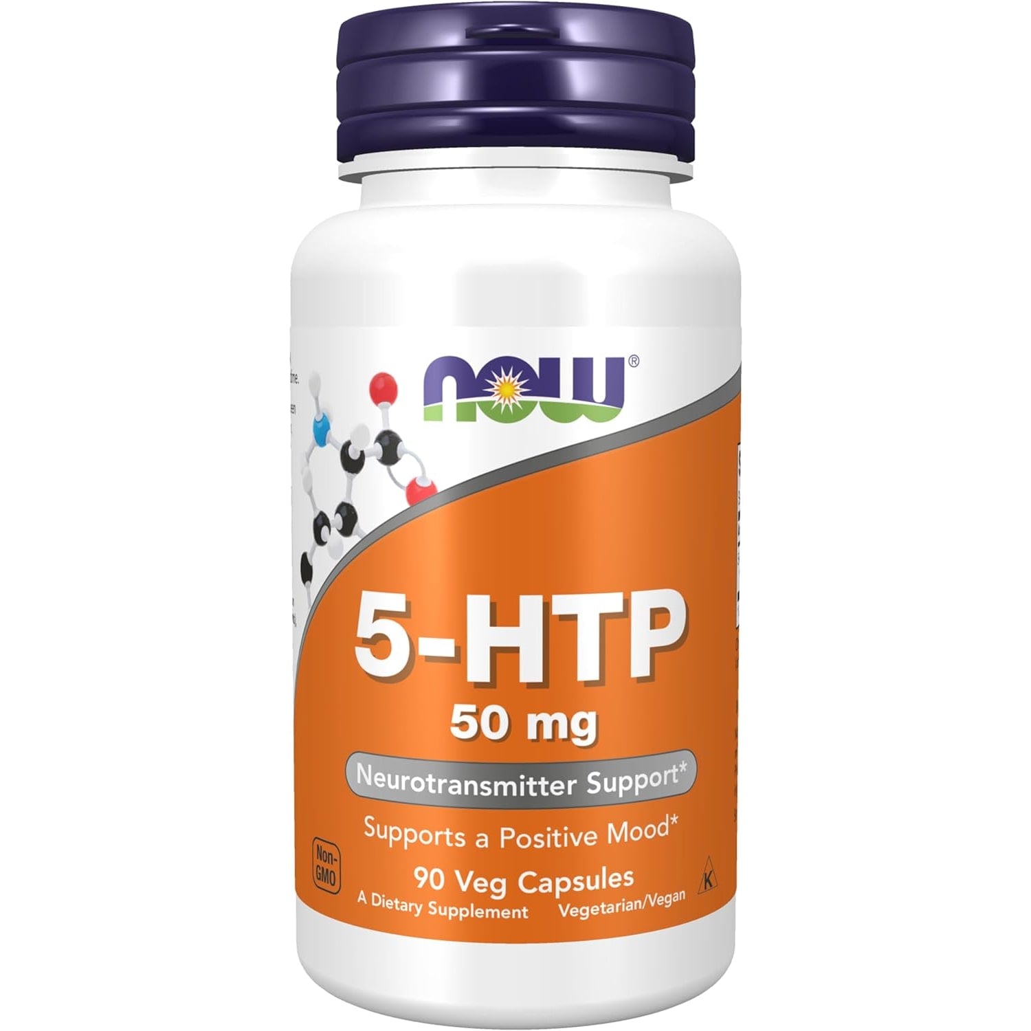 NOW Foods 5-HTP 50 mg 90 Veg Capsules front view bottle for natural mood support