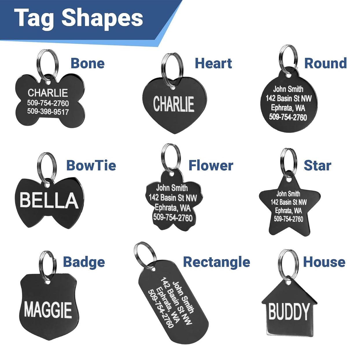 GoTags bow tie shaped custom engraved dog name tag with mirror finish