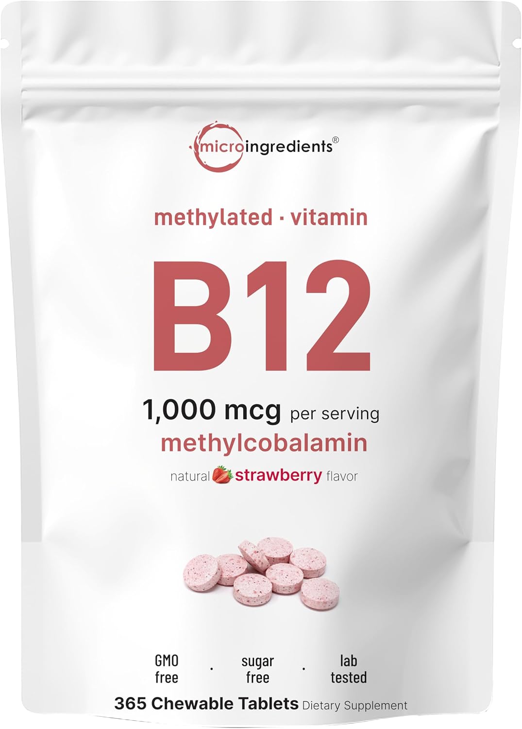 Micro Ingredients Vitamin B12 chewable tablets front pouch view with strawberry flavor