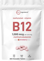 Micro Ingredients Vitamin B12 chewable tablets front pouch view with strawberry flavor