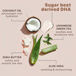 Organic ingredients callout graphic featuring aloe vera and coconut