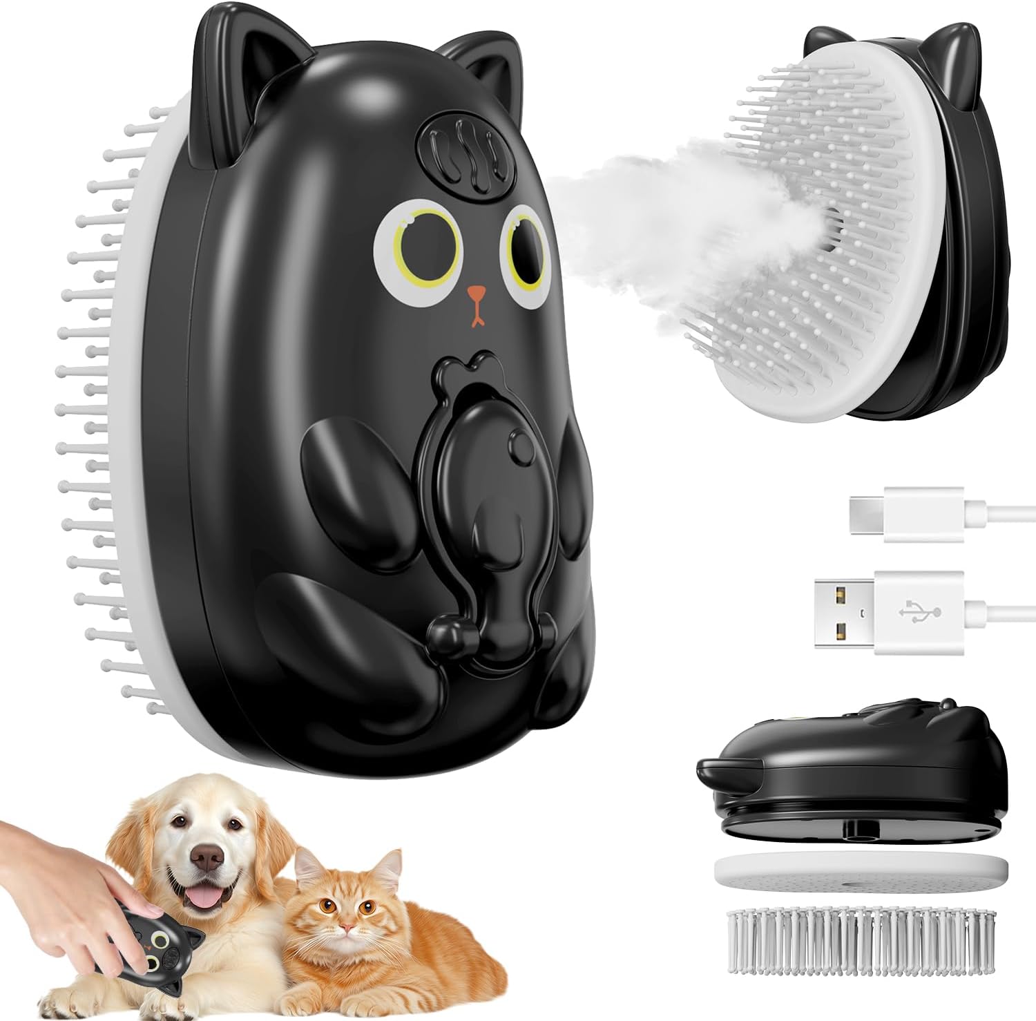 EKMBDLANCH 3 in 1 cat steam brush front view showing black cat design