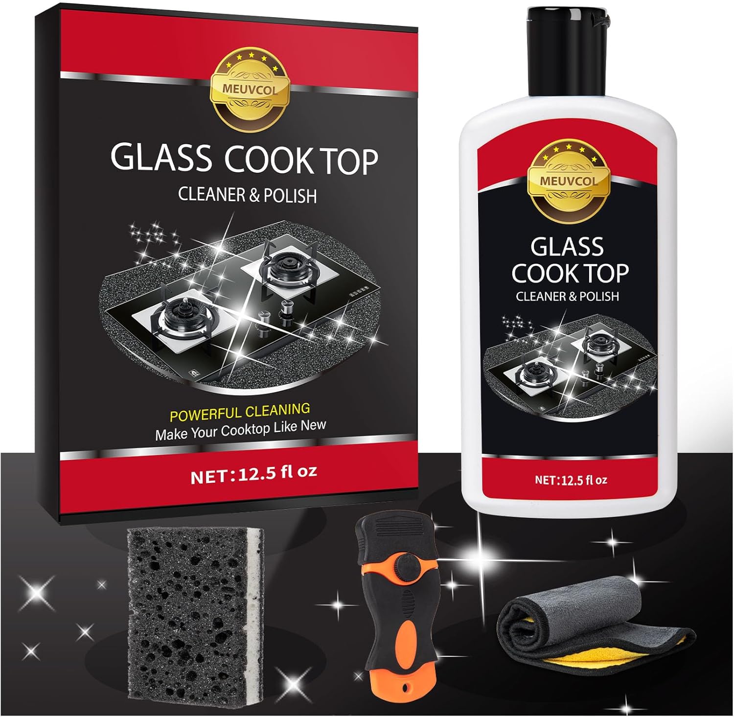Meuvcol Glass Stove Top Cleaner Kit front view of 12 ounce bottle with cleaning tools