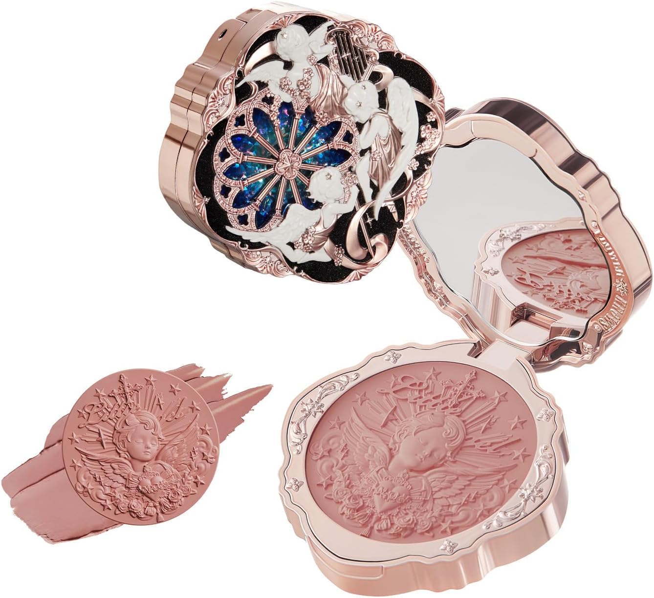 Flower Knows Little Angel Cream Blush 04 Rose Ashes front view featuring intricate 3D angel motif compact.