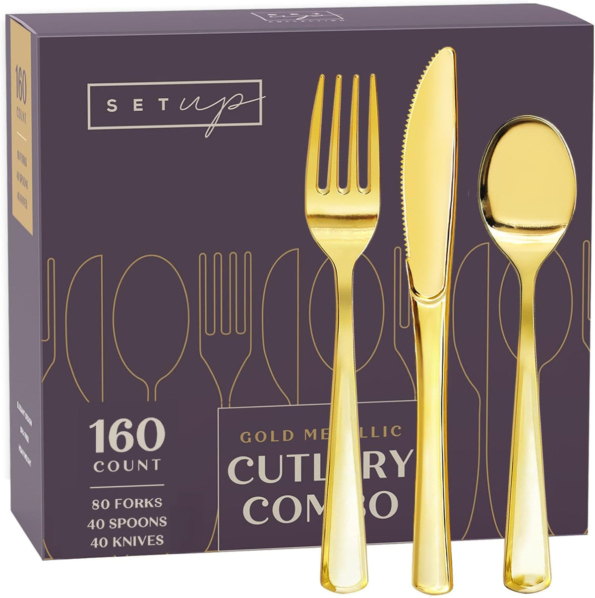 SETUP 160 count gold disposable silverware set front view for party planning.