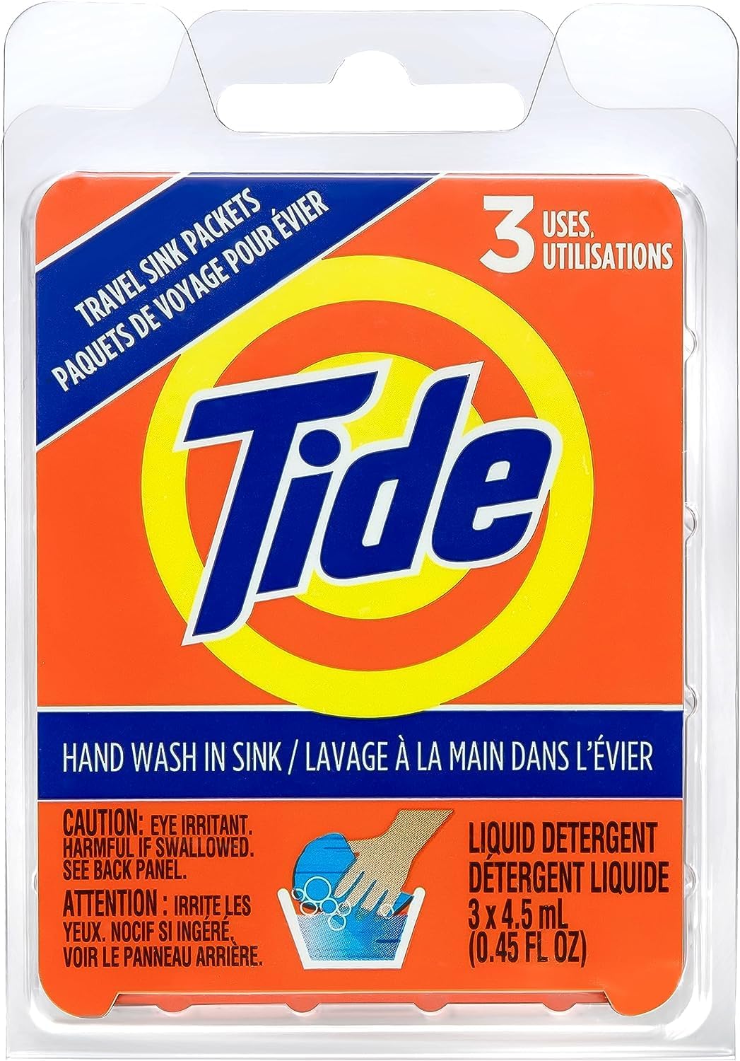 Tide liquid travel sink packets front view of packaging