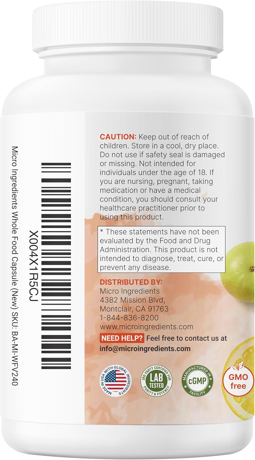 Micro Ingredients Whole Food Vitamin C Complex, 240 Vegetarian Capsules | 10-in-1 Fruit & Berry Blend | with Acerola, Amla, Goji Berries, Rose Hip, Cranberry Extracts | Non-GMO, Vegan, Gluten Free - Image 9