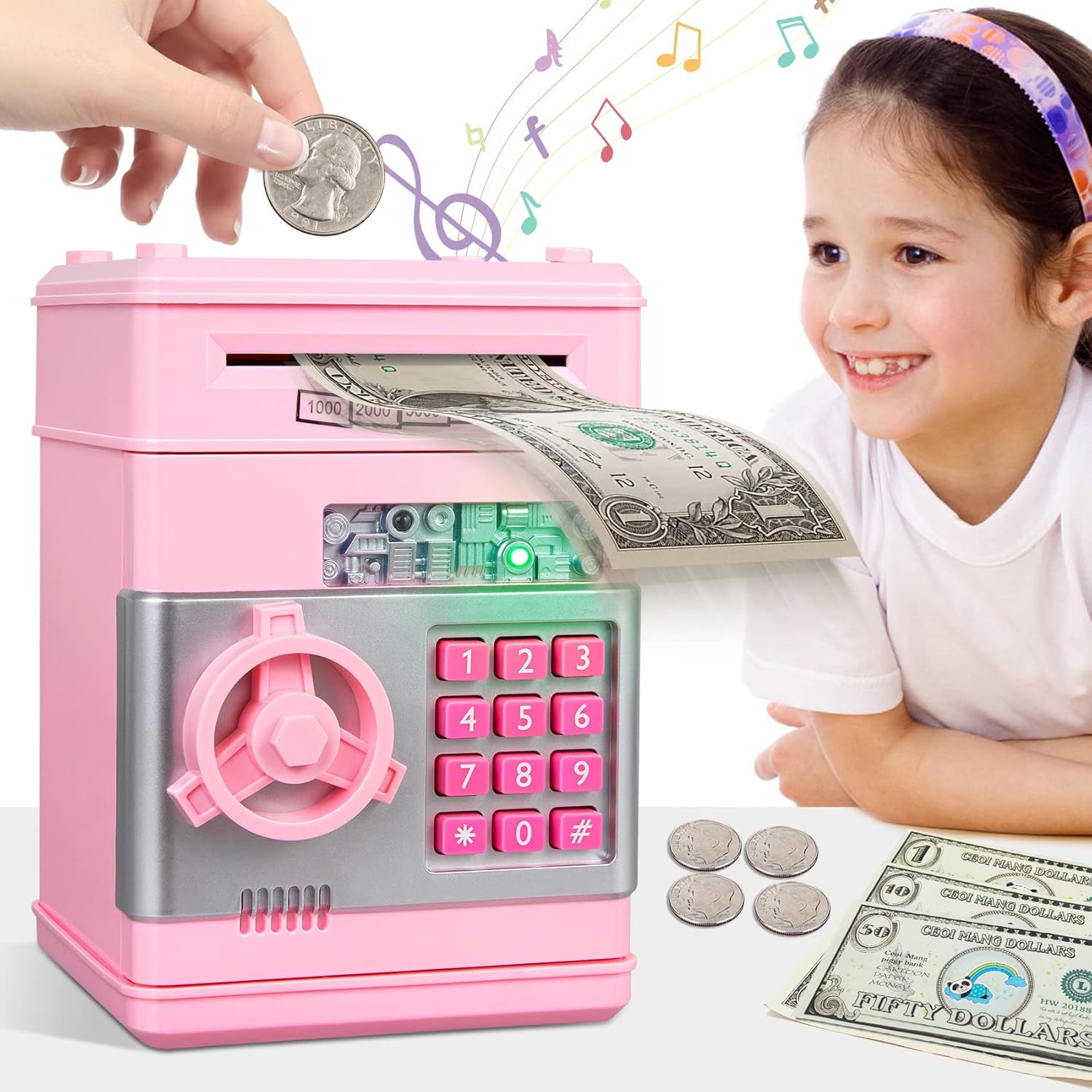 MAGIBX electronic ATM piggy bank for kids front view showing pink keypad door and automated cash roller slot