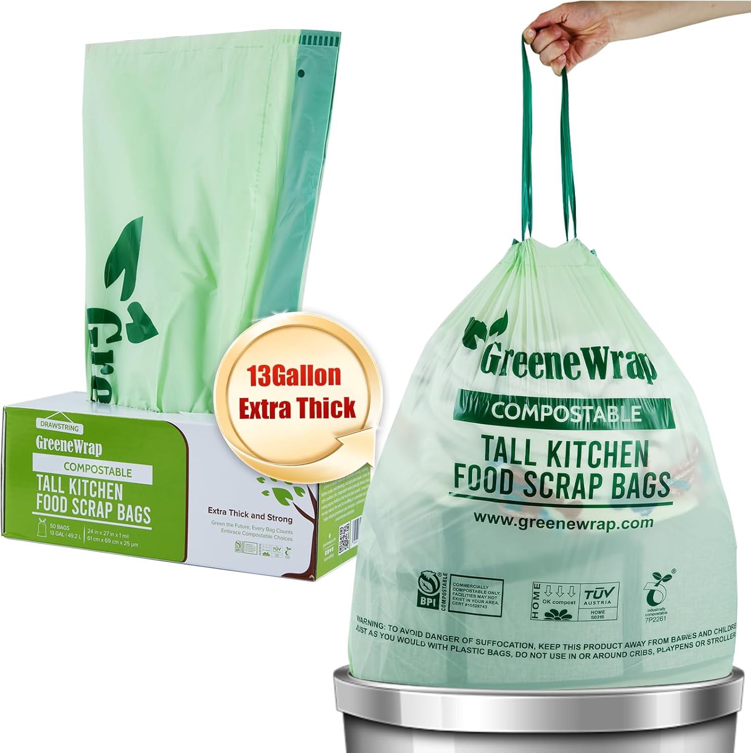GreeneWrap 13 Gallon Compostable Trash Bags box front view featuring certified biodegradable kitchen liners
