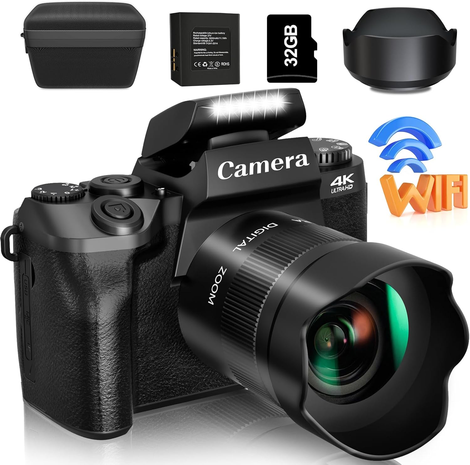 Saneen 4K digital camera front view showing dual lens system and built-in flash for vlogging