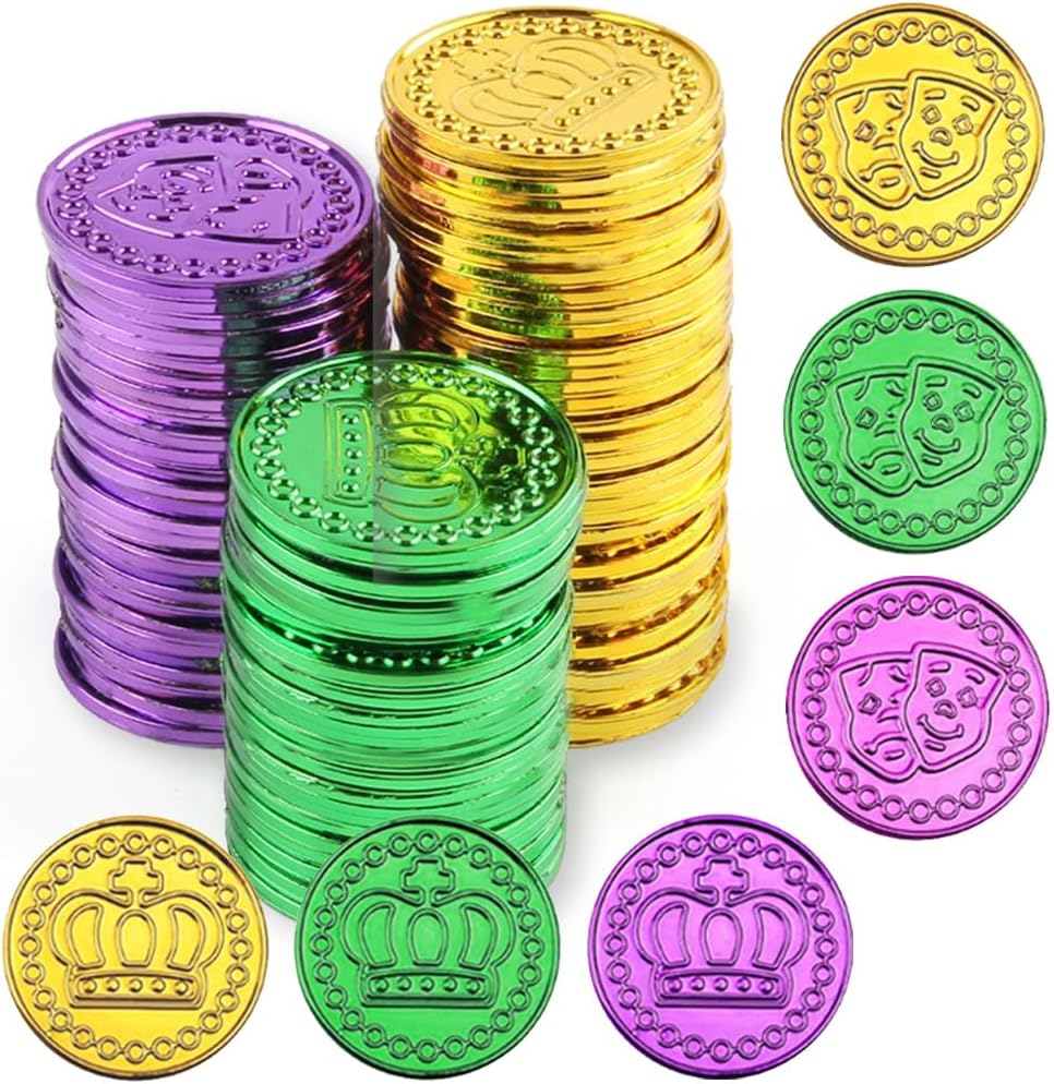 Ngup Mardi Gras plastic coins set front view showing assorted colors