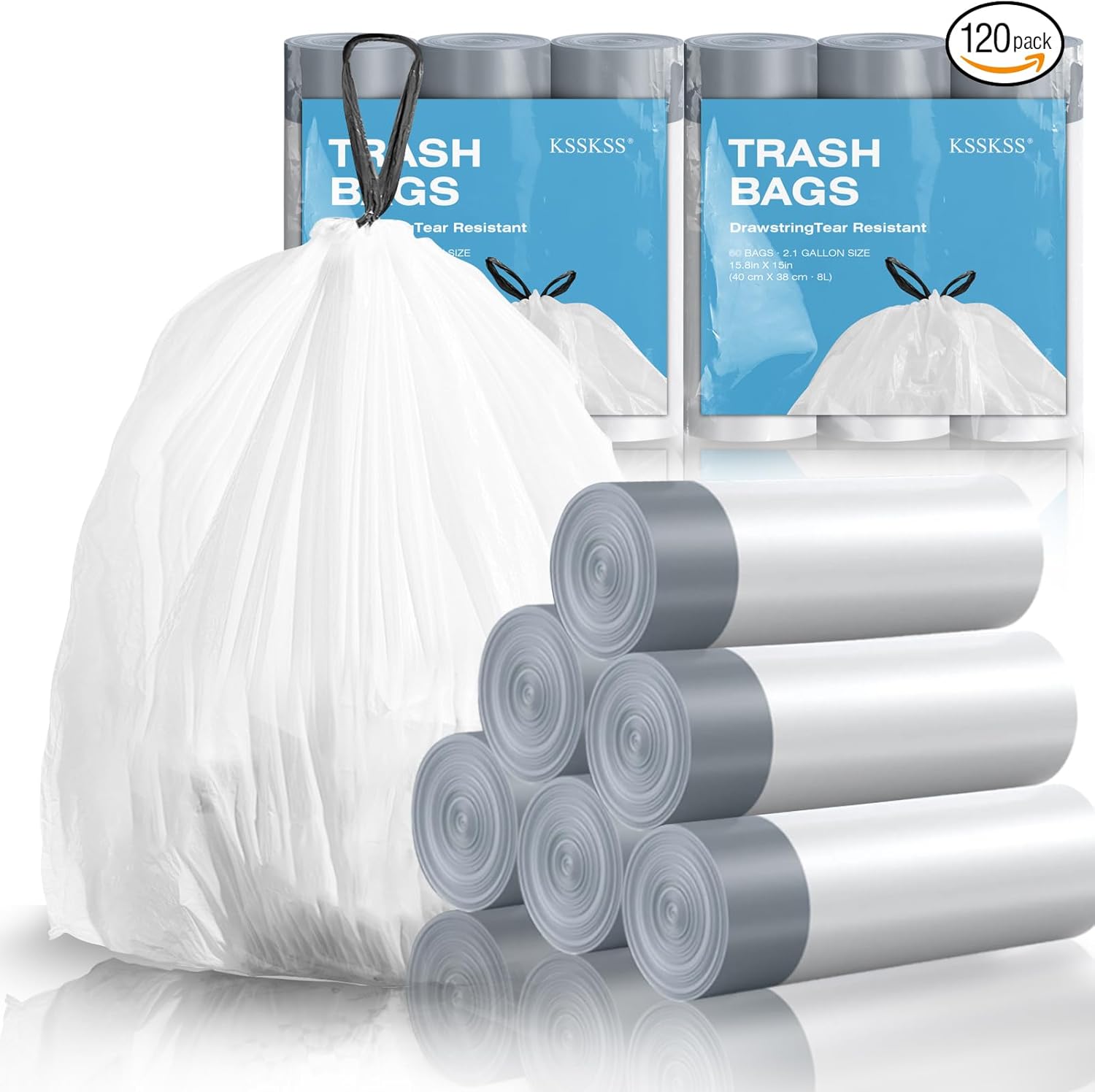 KSSKSS mini drawstring trash bags 120 count front view packaging for small household bins