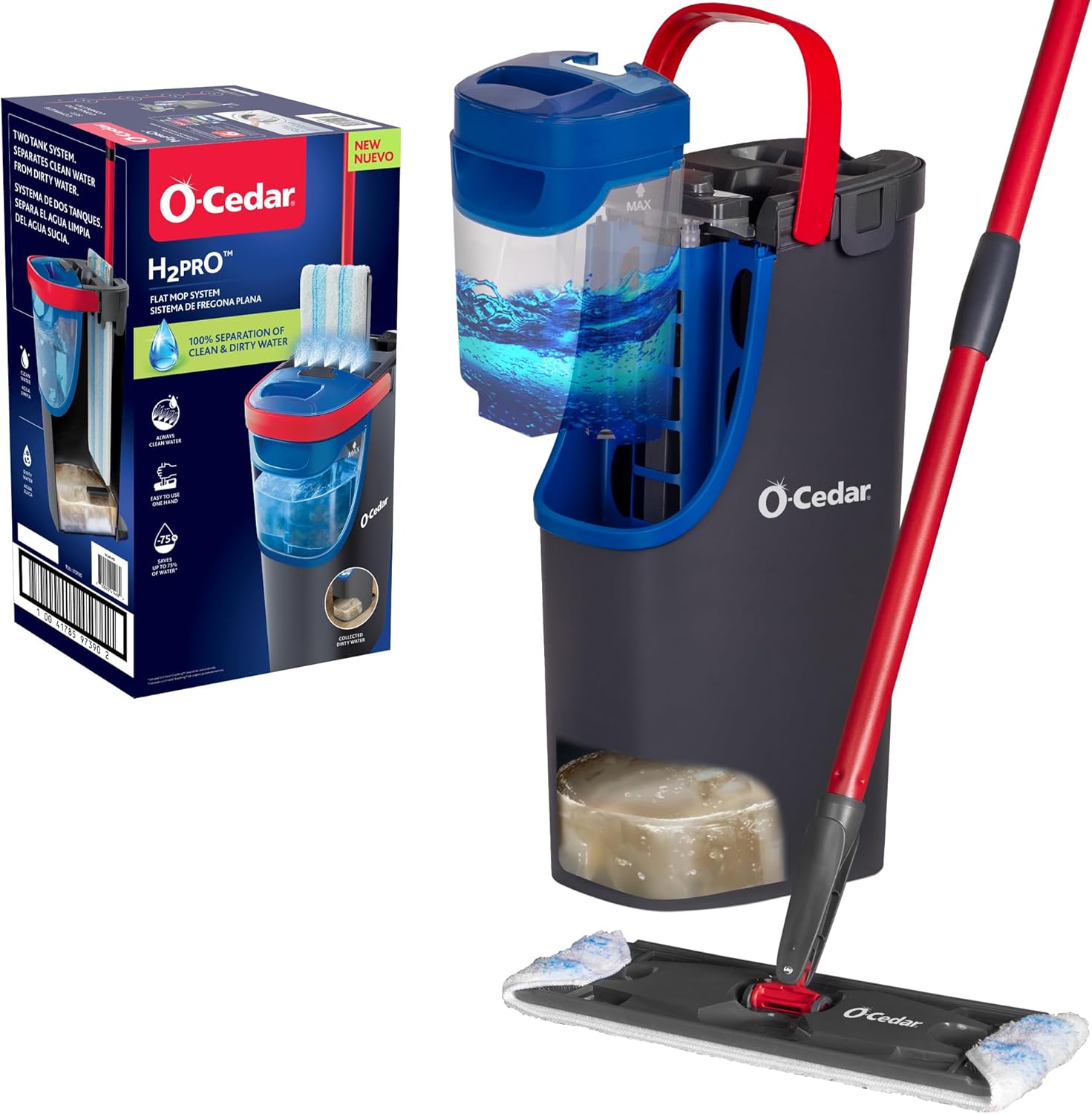 O-Cedar H2prO Flat Mop System front view of dual tank bucket and microfiber mop.
