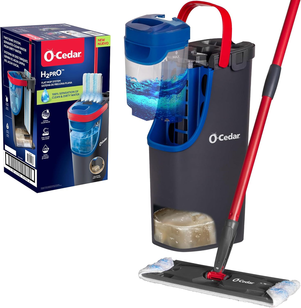 O-Cedar H2prO Flat Mop System front view of dual tank bucket and microfiber mop.