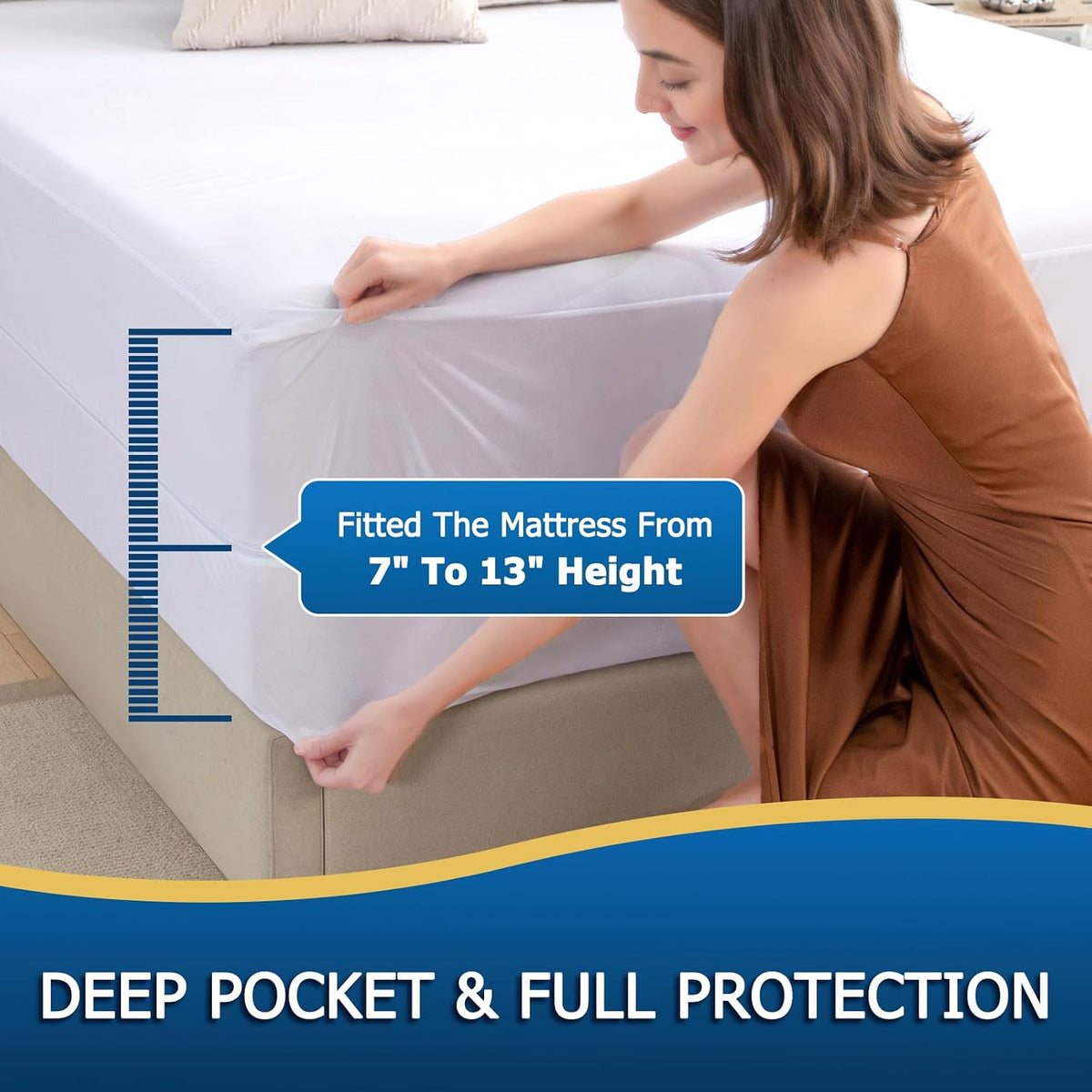 Demonstration of deep pocket stretch fitting a 13 inch mattress