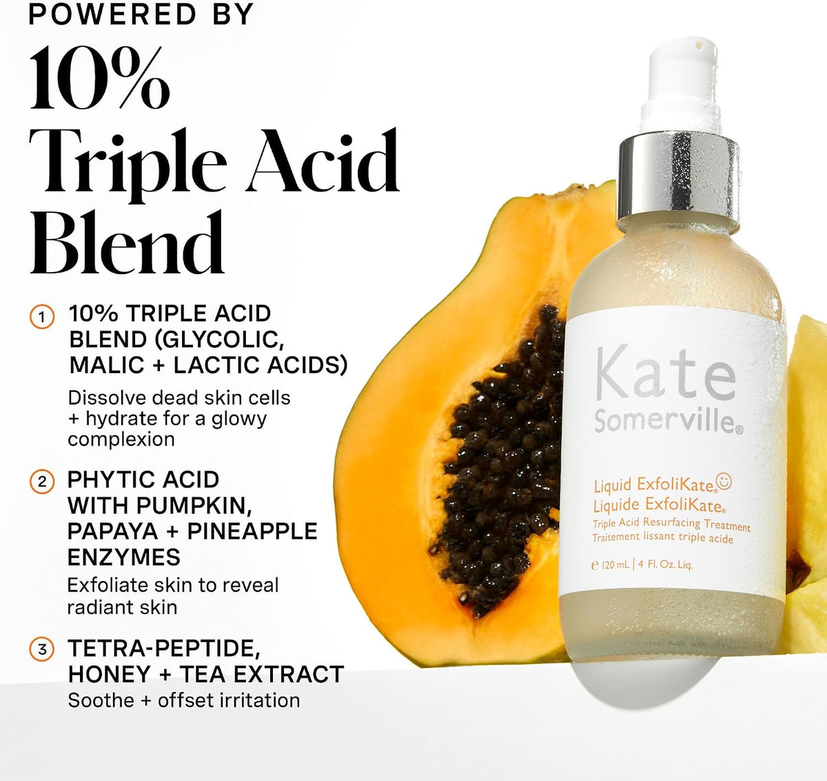 Kate Somerville Liquid ExfoliKate bottle showing the ten percent alpha hydroxy acid blend label