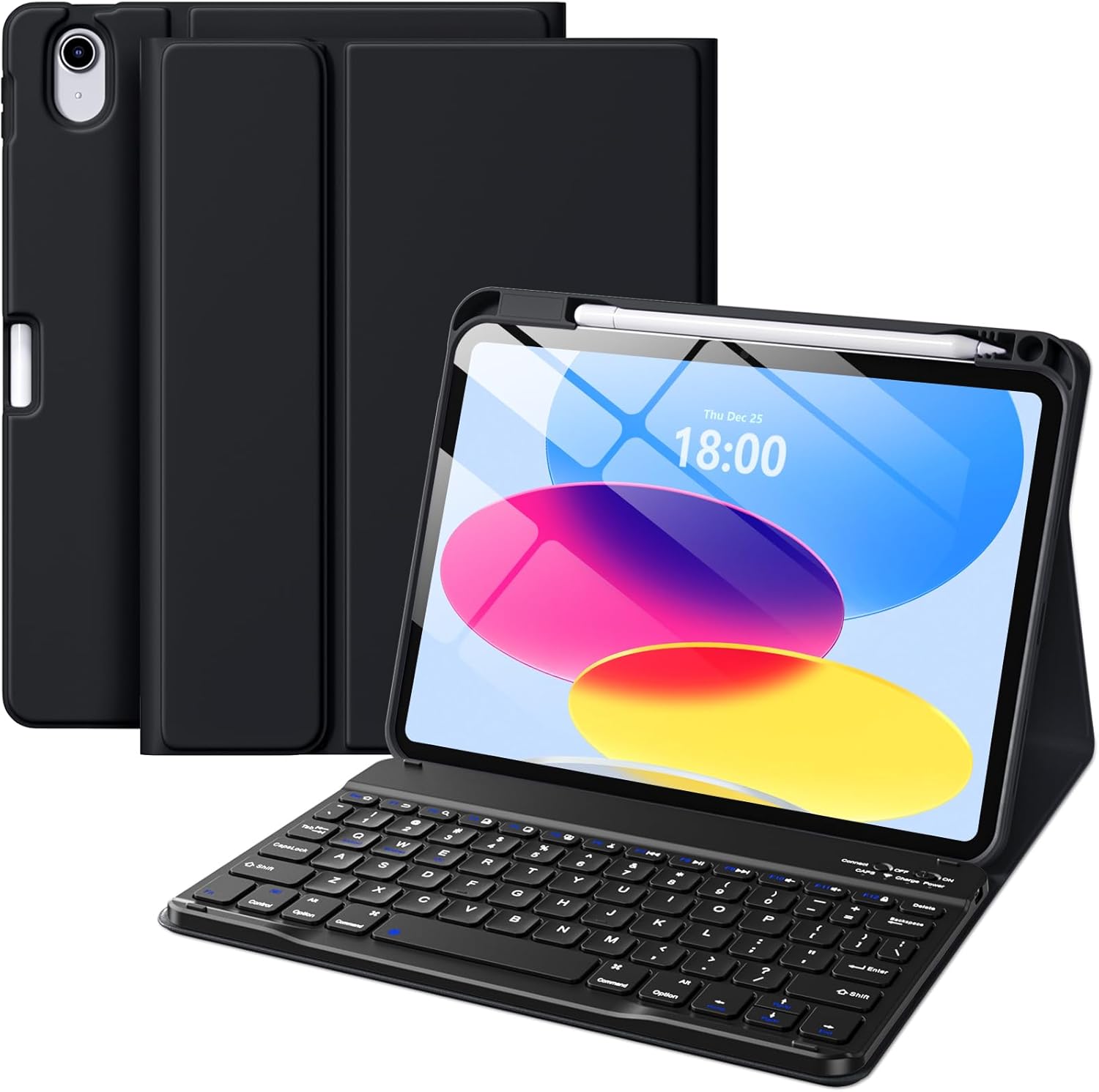 Wenlaty iPad 11th and 10th generation keyboard case black front view open with QWERTY keyboard