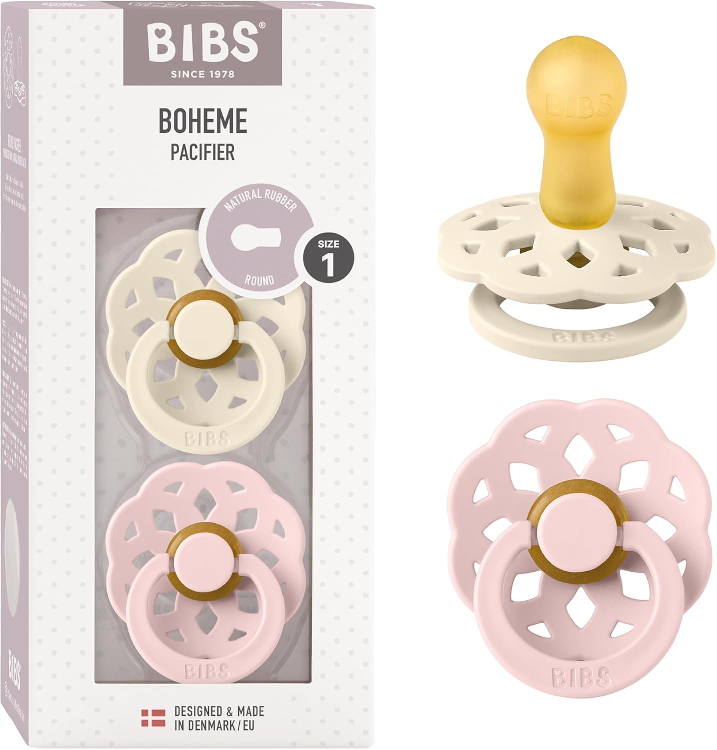 Bibs Boheme Collection Ivory and Blossom pacifier set front view