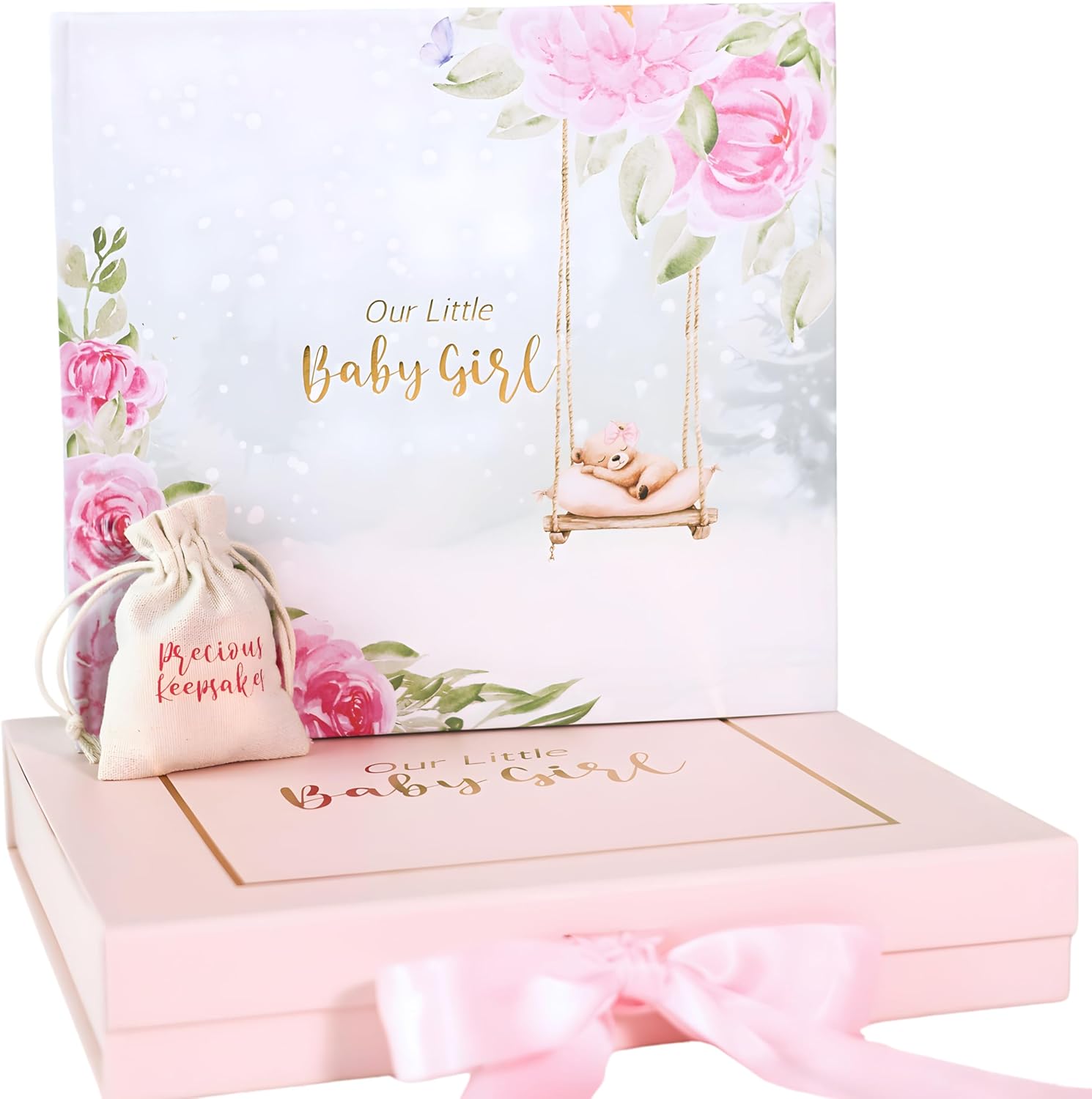 Handcrafting Memories Luxury Baby Girl Memory Book Set front view showing pink gold foil floral cover and premium gift box.