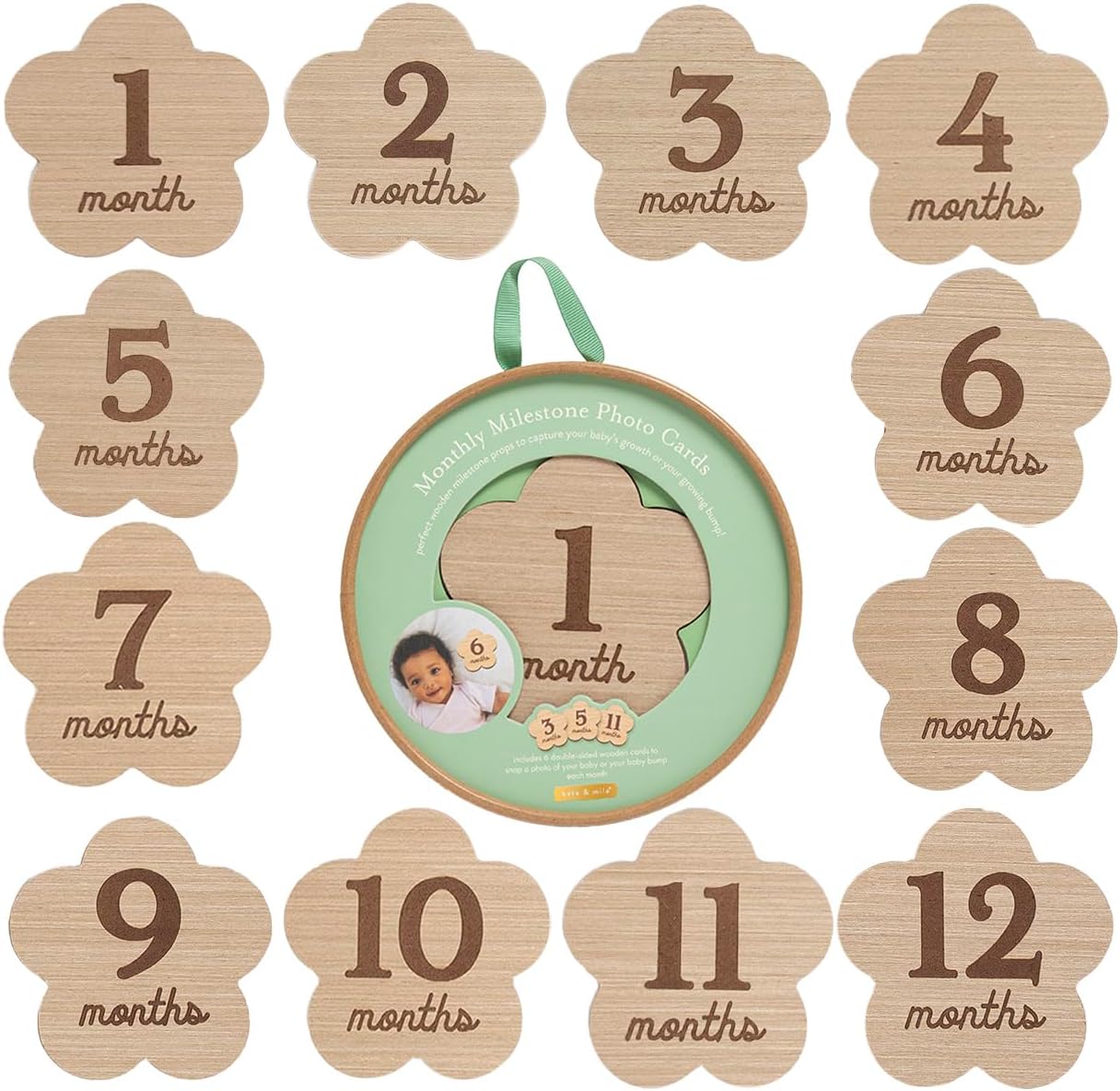 Kate and Milo Flower Milestone Props front view of wooden baby monthly discs.