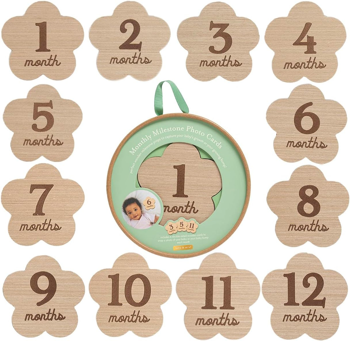 Kate and Milo Flower Milestone Props front view of wooden baby monthly discs.