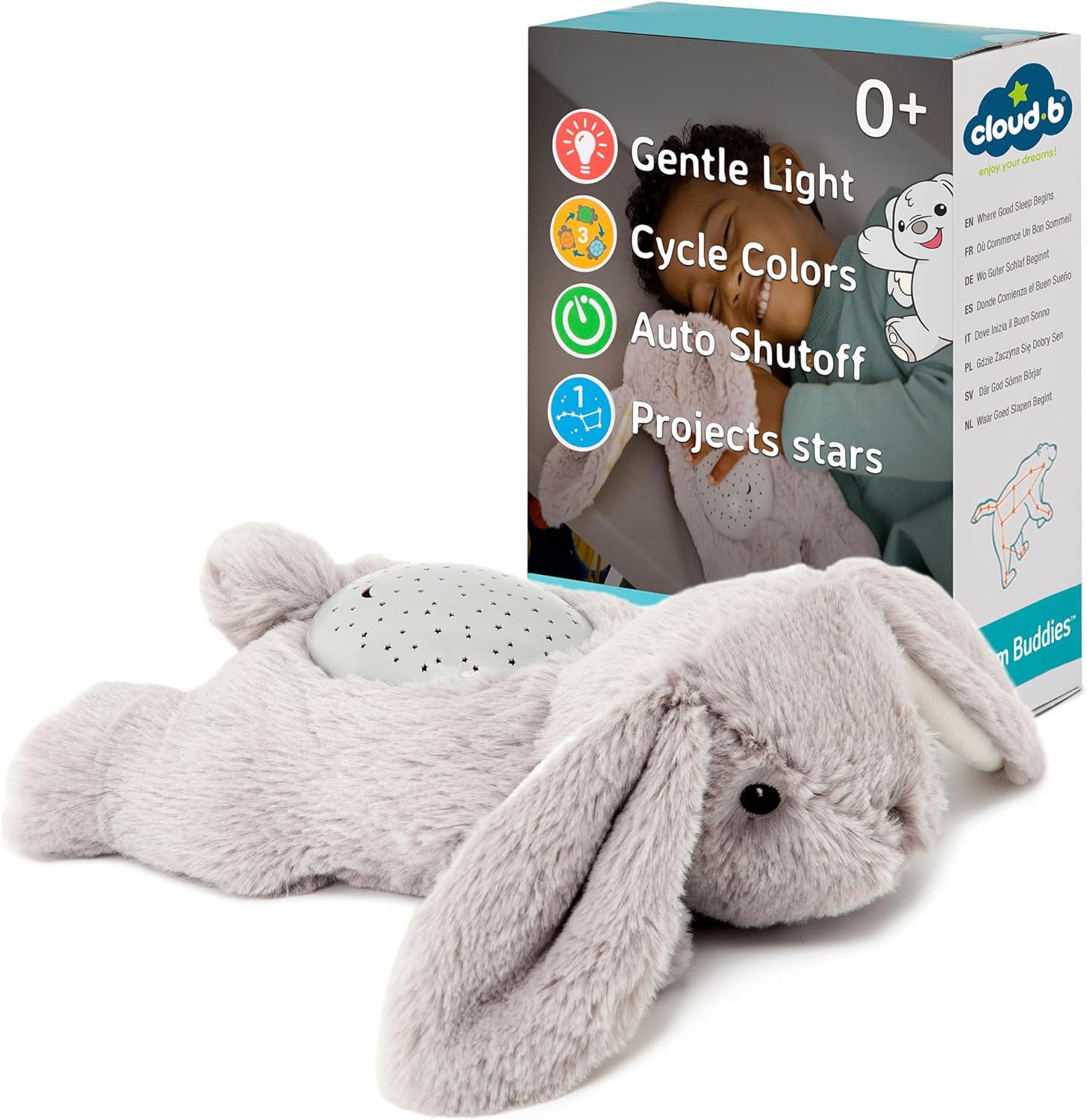 Cloud b Dream Buddies Benny The Bunny nightlight star projector front view showing grey plush rabbit and star shell.
