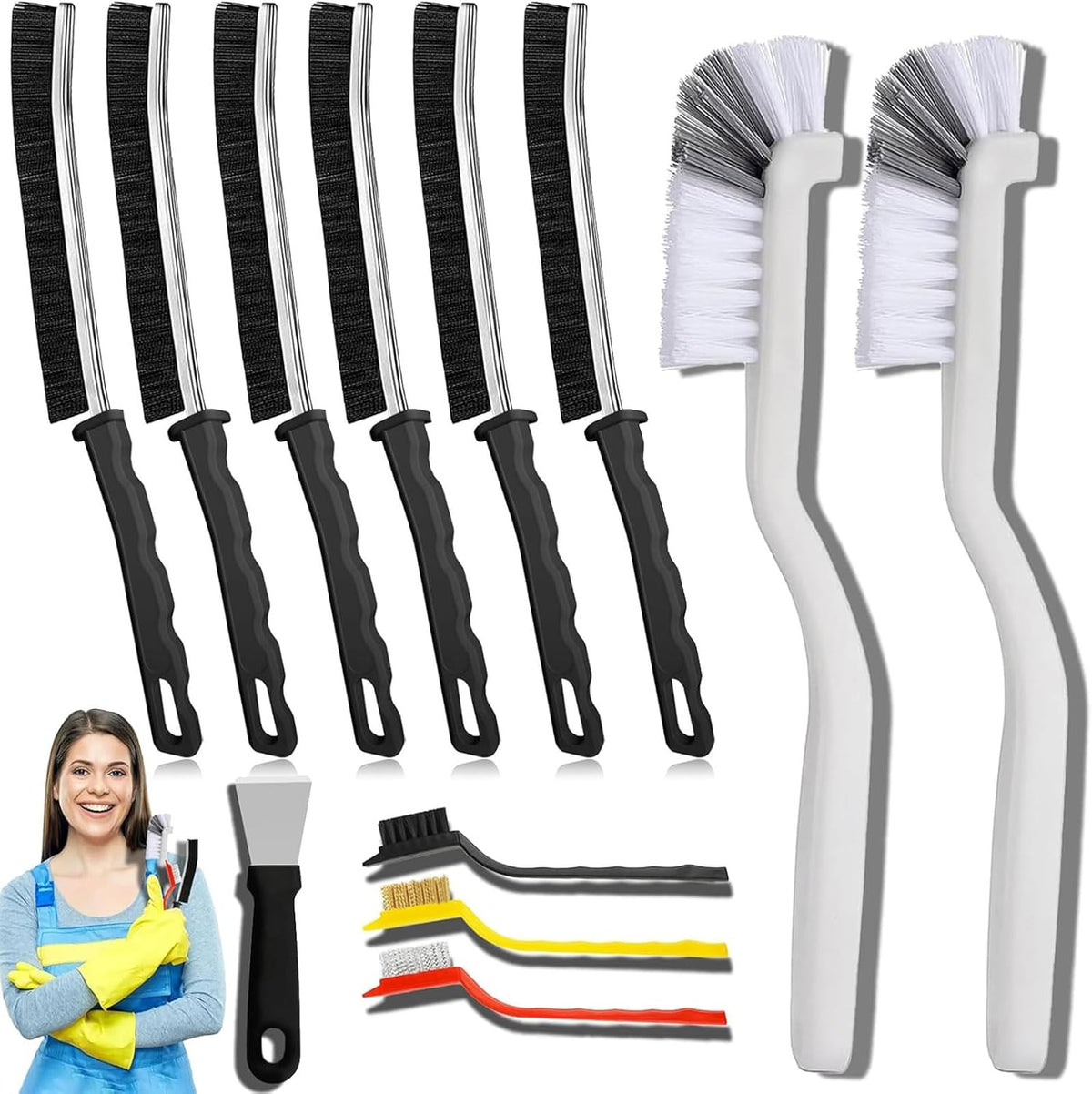 TURUM crevice cleaning brush set front view showing twelve multi colored hard bristle gap tools arranged neatly.