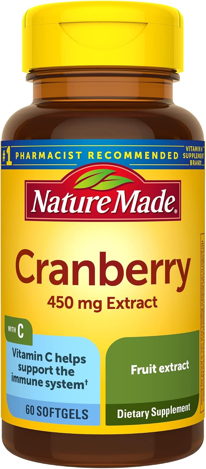 Nature Made super strength cranberry plus vitamin c supplement bottle front view. Dietary supplement.