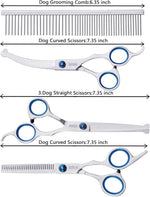 Professional curved pet grooming shears showing blunt safety tips for dogs