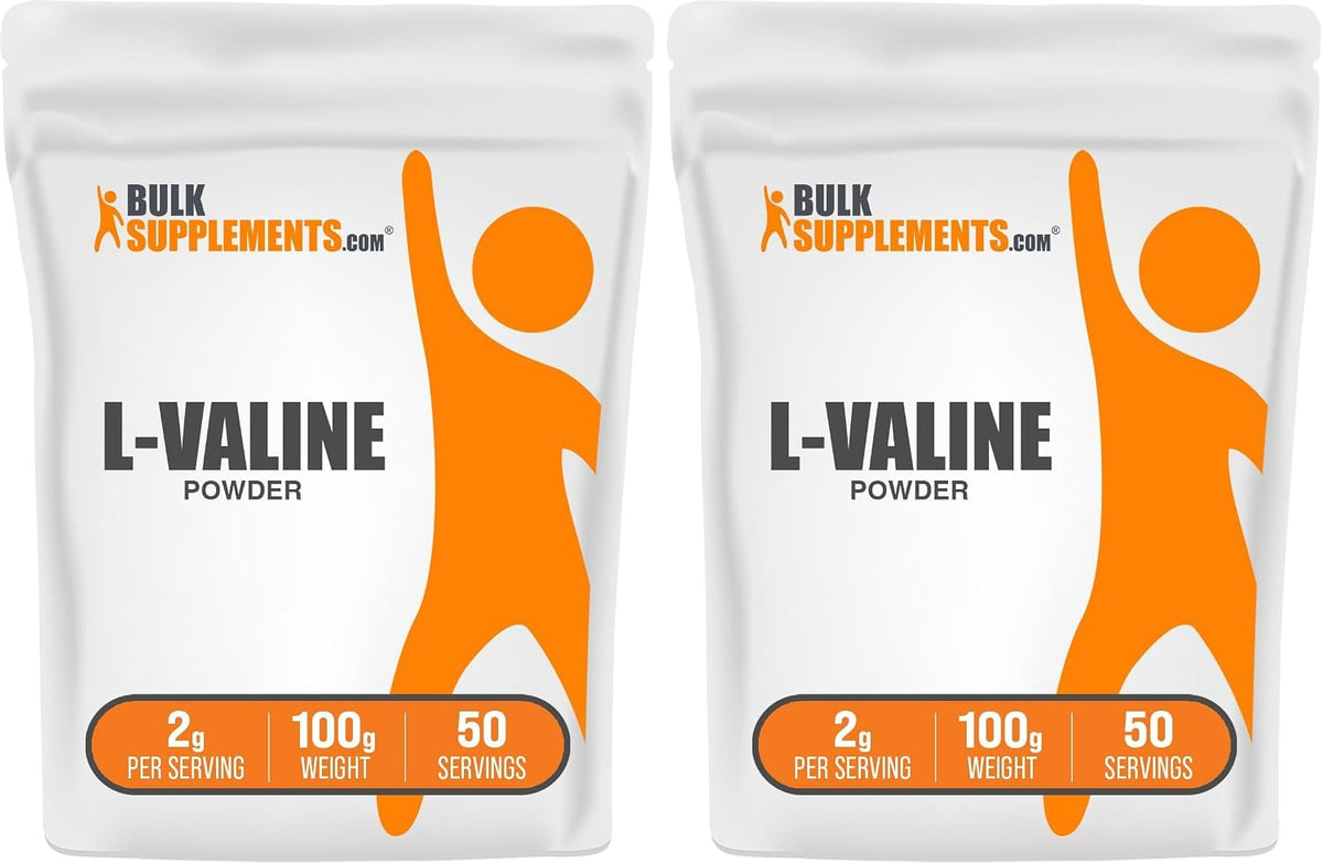 USA imported BulkSupplements L-Valine amino acid package displaying the authentic clean formulation seal.