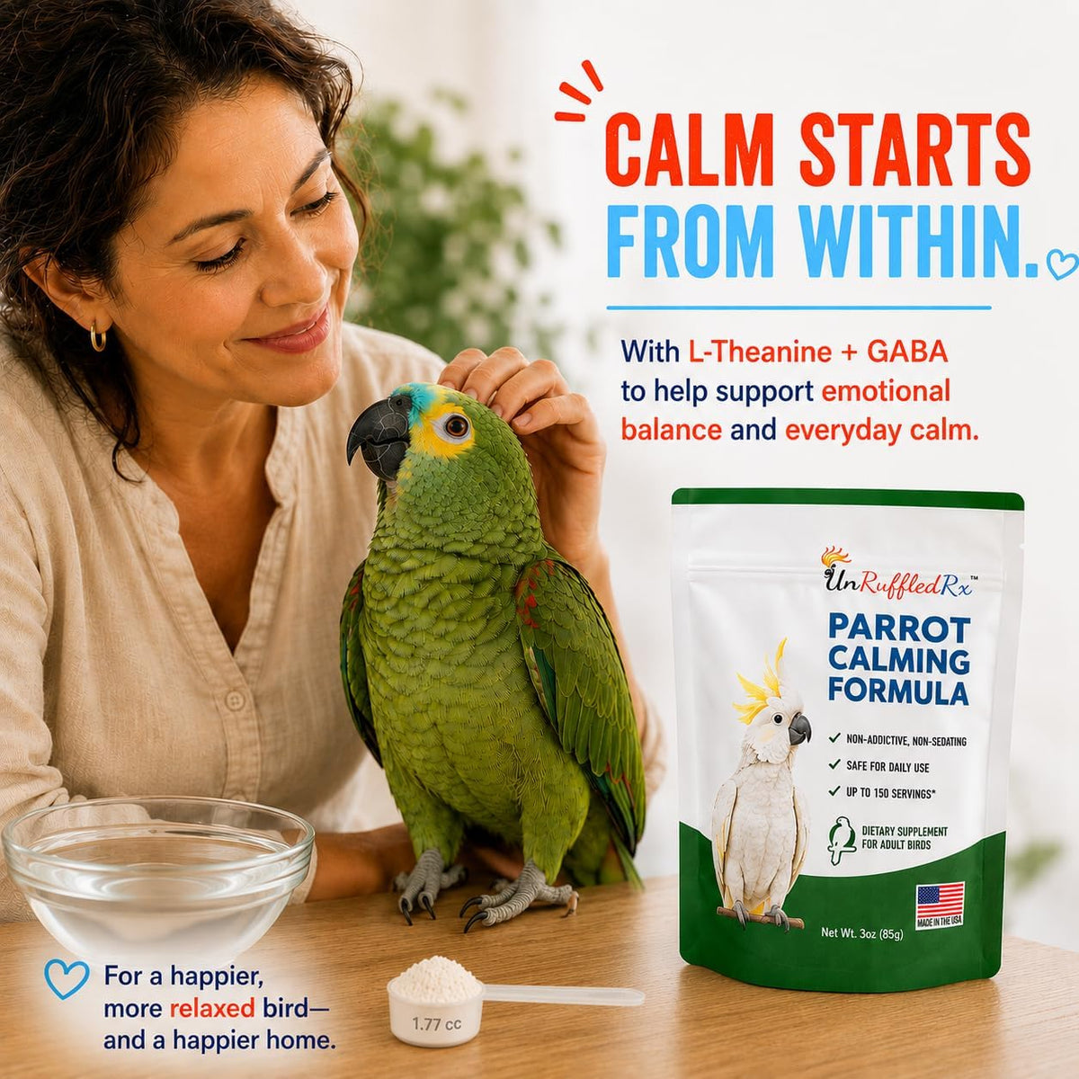 Three ounce bottle of UnRuffledRx non-sedating anti-anxiety supplement for pet birds