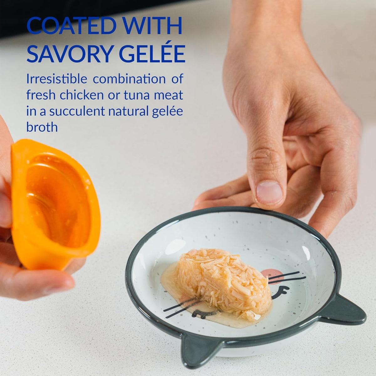 Side view of Inaba Twins shredded chicken and fish broth gelée cup