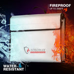Roloway fireproof safe bag demonstrated with shoulder strap.