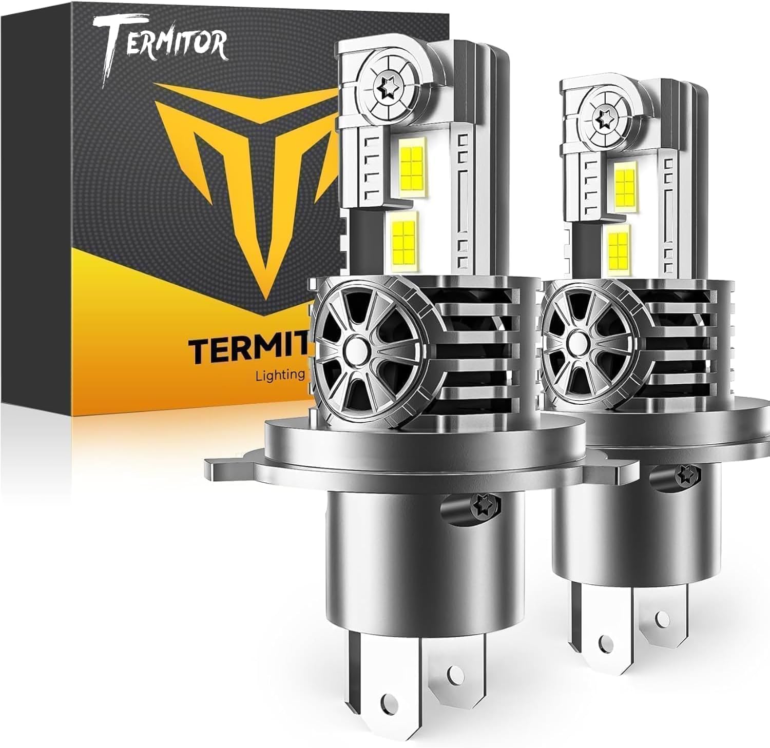 Termitor H4 LED headlight bulbs front view showing the dual high performance chip array and aluminum body.